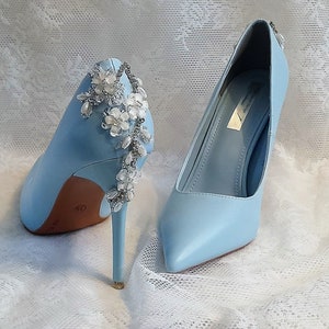 Blue Bridal Floral Design Shoes,Embellished Wedding Shoes,Something Blue