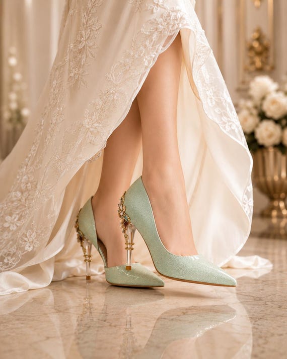 gold dress green shoes Sage Glitter Bridal Heels with Floral Crystal Detail, Wedding casual green dress outfit