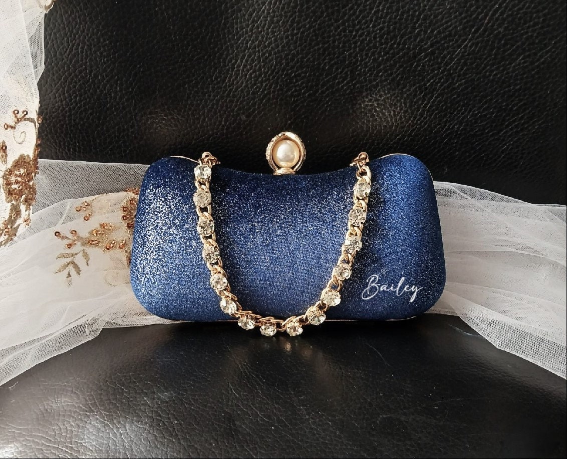 Personalized Navy Velvet Evening Clutch Bag with Gold Hardware Wedding Handbag for Bride or Bridesmaid Formal Event Purse for Ladies