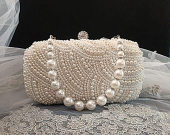 Ivory Pearl Bridal Clutch,Wedding Purse With Silver Hardware,Handbag For Bride Or Bridesmaid