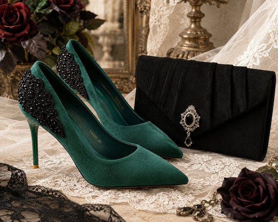 emerald green dress black shoes Heels & Clutch Set, Gothic Wedding Occasion Accessories what color shoes to wear with emerald green dress