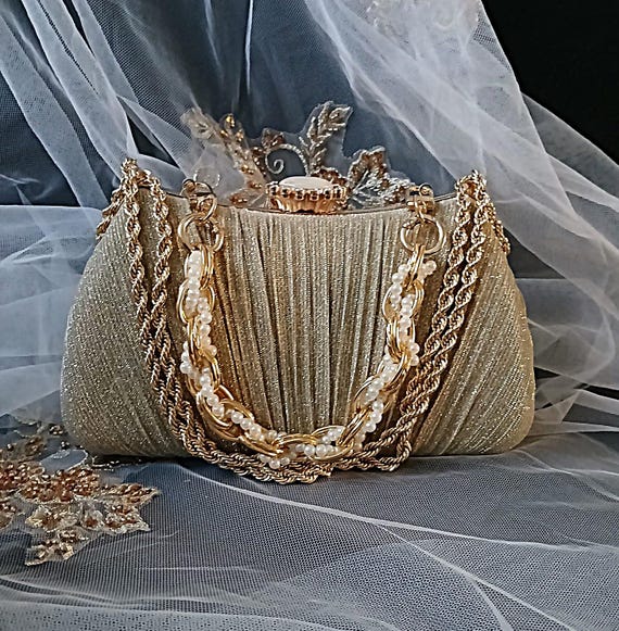 Gold Glitter Evening Clutch Bag With Decorative Handles,wedding