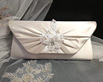 Ivory Satin Evening Clutch: Floral Wedding Handbag with Chain