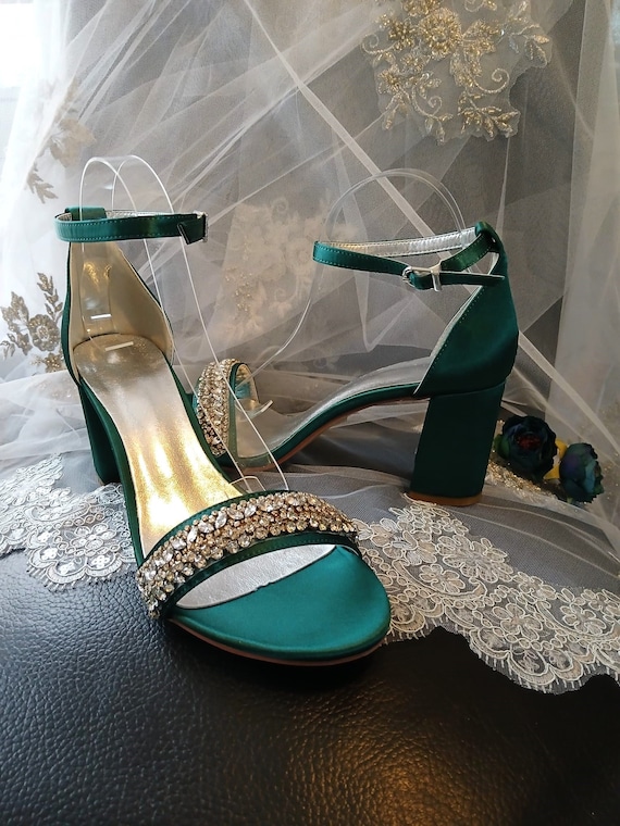 Green Satin Bridal Sandals With Crystal Decoration block Heel and Open Toe Evening Shoes High Heels for Bride or Bridesmaid pumps for Party Etsy Australia