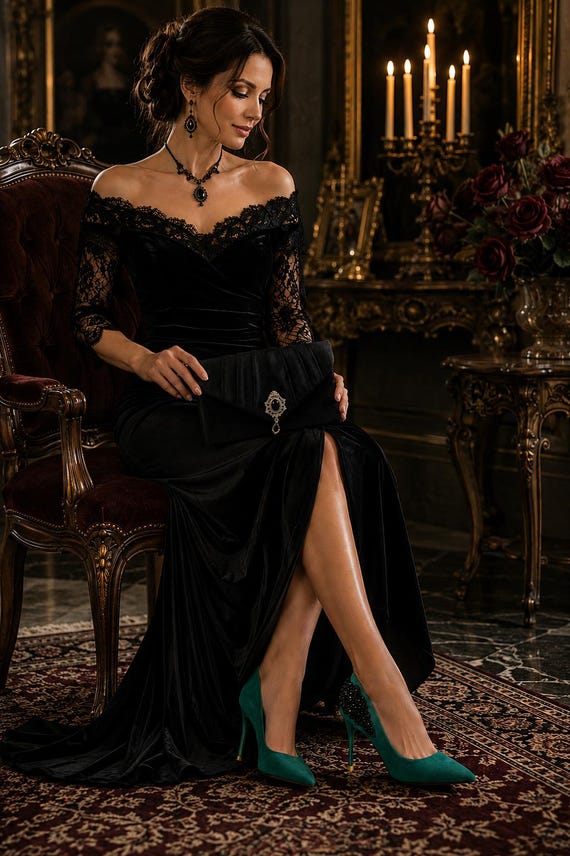 Emerald Green Heels & Black Clutch Set, Gothic Wedding Occasion Accessories
