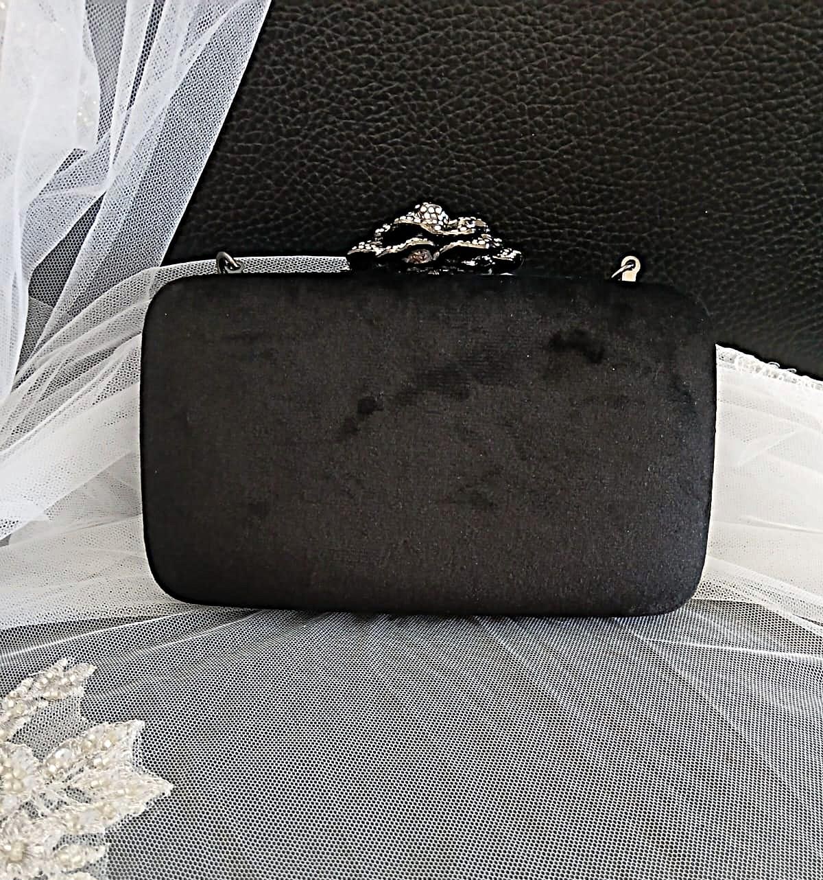 Black Velvet Evening Clutch: Pearl Handle, Flower Closure - Etsy