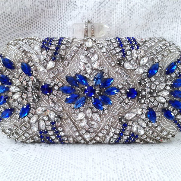 Silver Evening Clutch Bag,Wedding Handbag With Blue Crystals