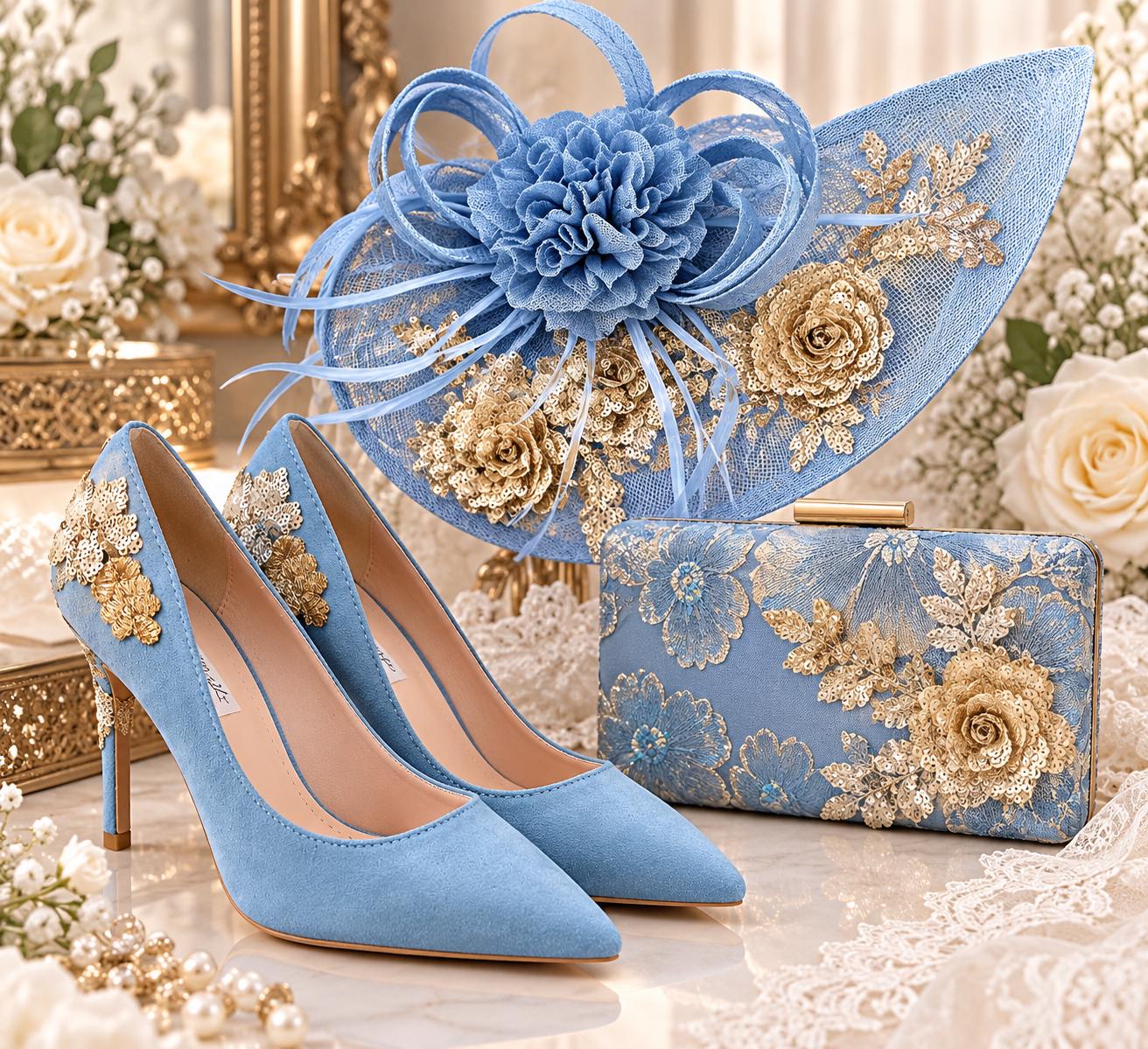 水色花柄刺繍ドレスと靴・ストッキングセット Light Blue Heels, Clutch Bag & Fascinator Set, Mother of the Bride
