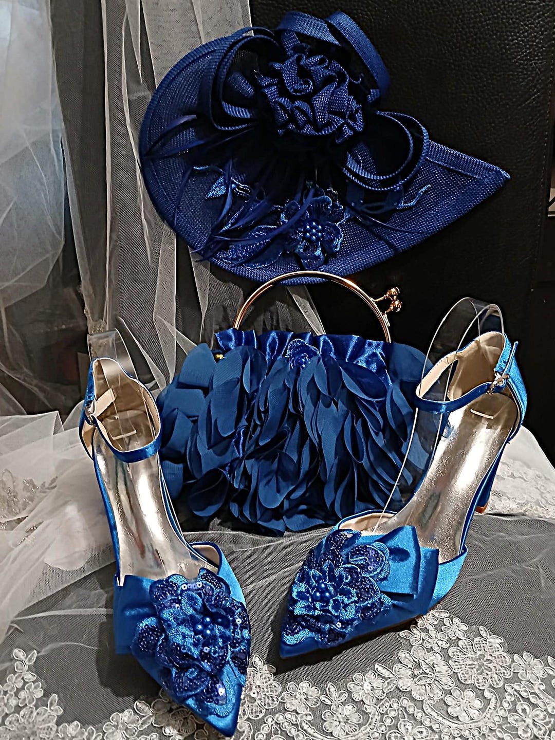 heels to match royal blue dress Royal Blue Satin Heel, Clutch & Fascinator Set: Handmade Wedding Guest  Outfit