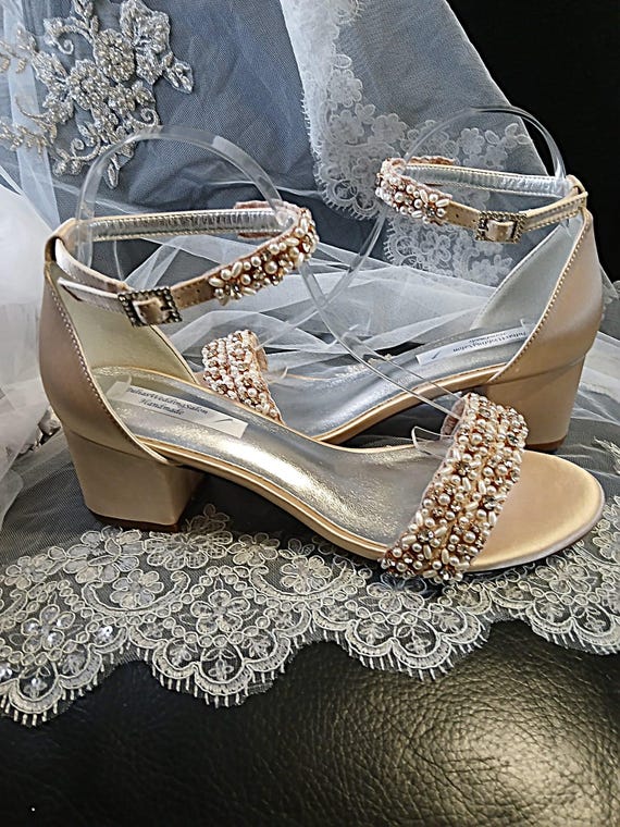 Champagne Bridal Sandal & Clutch Set: Pearl Crystal Block Heel Shoes