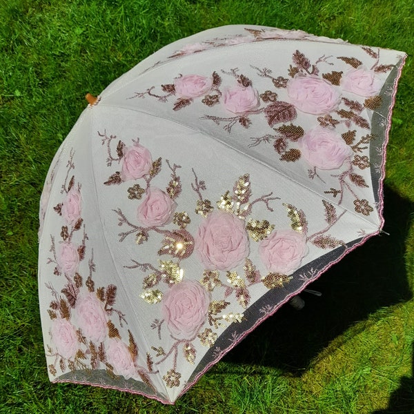 Parasol de mariée en dentelle bleue ou rose pour adulte, parapluie de mariage