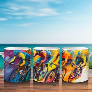Brightly Colored Bicycle Riders Coffee Tea Or Coco Mug, Abstract Racing Cyclists Lover Cup