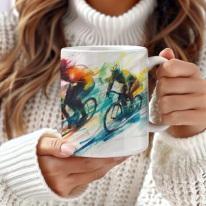 Racing Bicycle Riders Coffee Tea Or Coco Mug, Abstract Bicycling Lovers Cup, Bike Rider Mug