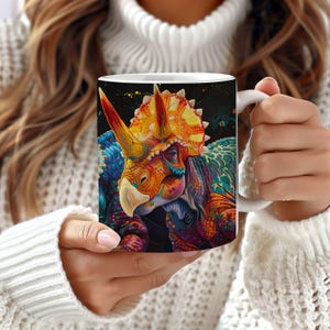 Colorful Triceratops Dinosaurs Coffee Tea Or Coco Mug, Artistic Jurassic Dinosaur Lover Cup
