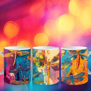Brightly Colored Dragonflies Coffee Tea Or Coco Mug, Multicolored Dragonfly Lover Cup,