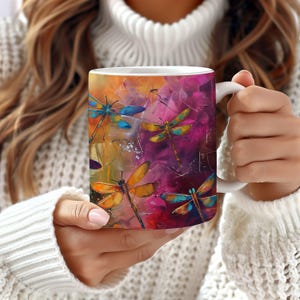 Rainbow Of Colors Dragonfly Coffee Tea Or Coco Mug, Brightly Colored Dragonfly Lover Cup