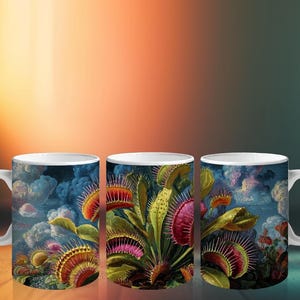 May include: Three white ceramic mugs with a colorful illustration of Venus flytraps against a cloudy sky background. The flytraps are depicted with red, green, and yellow details. The mugs are suitable for hot or cold beverages.