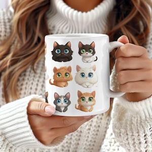 Cute Kitten Cuddles Mug, Carton Kitty Cat Lover Cup, Cozy Cat Crew Coffee Tea Or Coco Mug