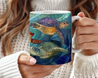 Stained Glass Sea Turtle Coffee Mug: Ocean Art Ceramic Cup