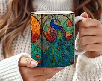 Stained Glass Peacock Mug: Colorful Ceramic Coffee Cup, Nature Lover Gift