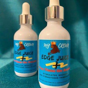 May include: Two bottles of hair growth serum labeled "My Crown Edge Juice" with a crown graphic and the text "Two Times the Amount" on the front. The bottles are clear with silver caps and white labels.