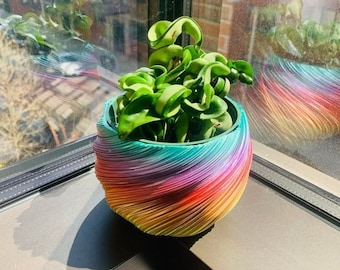 Swirl Planter Pot Drainage Optional, Colorful 3D Printed Detailed Geometric Twist Rainbow Cache Cover Flower Pot Rainbow Textured Decor