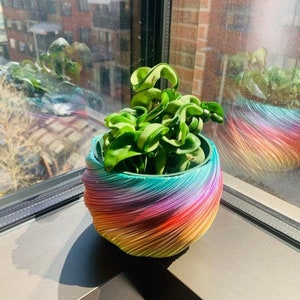 Swirl Planter Pot Drainage Optional, Colorful 3D Printed Detailed Geometric Twist Rainbow Cache Cover Flower Pot Rainbow Textured Decor