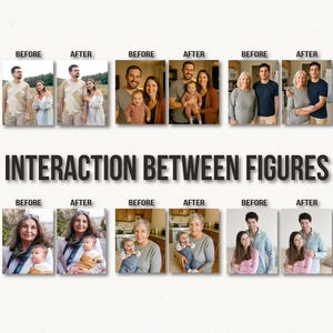 Puede incluir: Gráfico que muestra fotos de "antes" y "después" de personas. El texto "INTERACTION BETWEEN FIGURES" se muestra en negrita. Las fotos muestran varios grupos familiares e individuos, presentados en pares.