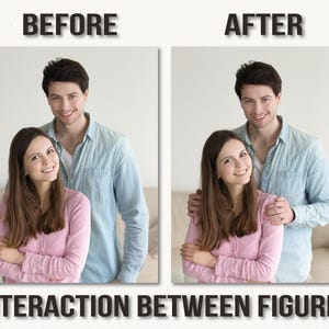 May include: Two images side-by-side, labeled "BEFORE" and "AFTER", depict a man and woman. The "BEFORE" image shows them standing close, while the "AFTER" image shows the man with his arm around the woman. The text "INTERACTION BETWEEN FIGURES" is below.