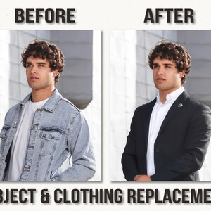 May include: Image showing a before-and-after clothing replacement. The "before" image features a person wearing a light blue denim jacket over a white shirt. The "after" image shows the same person in a black blazer over a white shirt. Text at the top reads "BEFORE" and "AFTER".