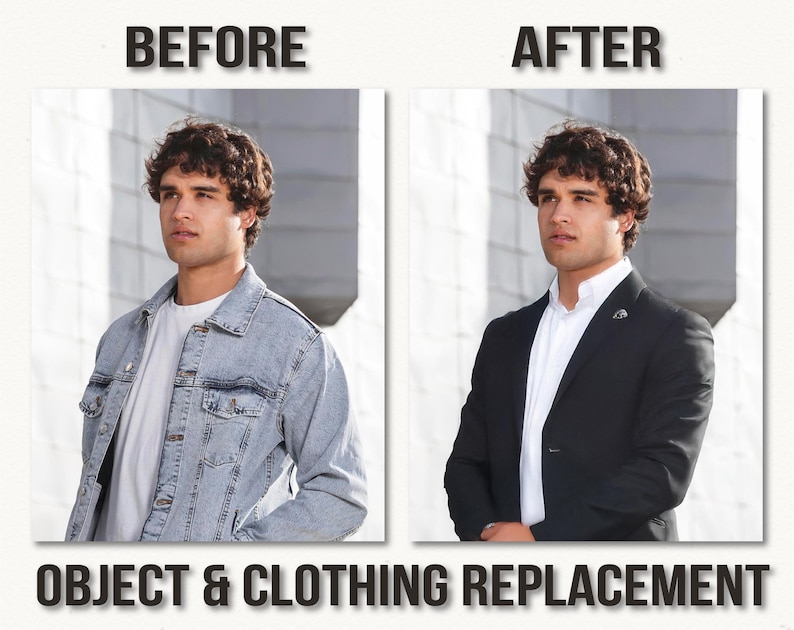 May include: Image showing a before-and-after clothing replacement. The "before" image features a person wearing a light blue denim jacket over a white shirt. The "after" image shows the same person in a black blazer over a white shirt. Text at the top reads "BEFORE" and "AFTER".