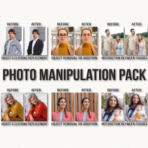 Peut inclure: Image promotionnelle présentant des exemples avant-après de manipulation photo. Les exemples incluent le remplacement d'objets et de vêtements, la suppression ou l'ajout d'objets et l'interaction entre les personnages. Le texte "PHOTO MANIPULATION PACK" est affiché.
