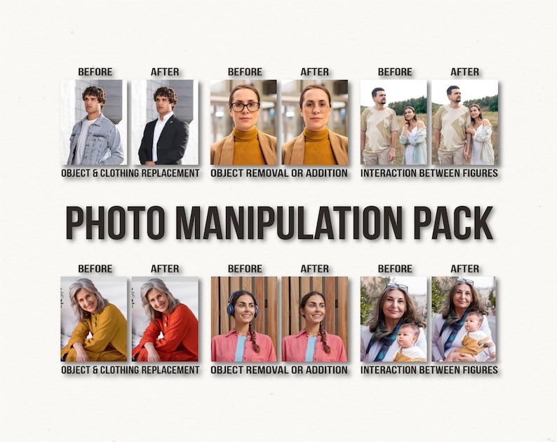 May include: A promotional image showcasing before-and-after examples of photo manipulation. The examples include object and clothing replacement, object removal or addition, and interaction between figures. The text "PHOTO MANIPULATION PACK" is displayed.