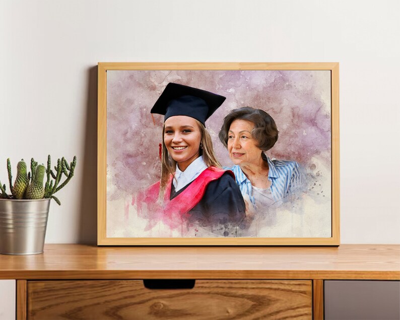 May include: A watercolor painting of a woman in a graduation cap and gown standing next to an older woman. The younger woman is smiling and the older woman is looking at the camera. The background is a soft purple and pink.