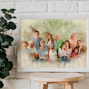 May include: A watercolor painting of a family portrait. The family is standing in a group, with the adults in the back row and the children in the front row. The painting is done in a soft, muted palette of colors, with a focus on the family's faces.