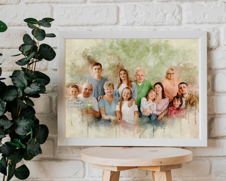 May include: A watercolor painting of a family portrait. The family is standing in a group, with the adults in the back row and the children in the front row. The painting is done in a soft, muted palette of colors, with a focus on the family's faces.