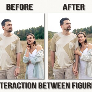May include: A split image shows a man and woman before and after an interaction. The man wears a tan shirt with a geometric design, and the woman wears a white dress and a light blue jacket. The text "BEFORE" and "AFTER" are at the top.