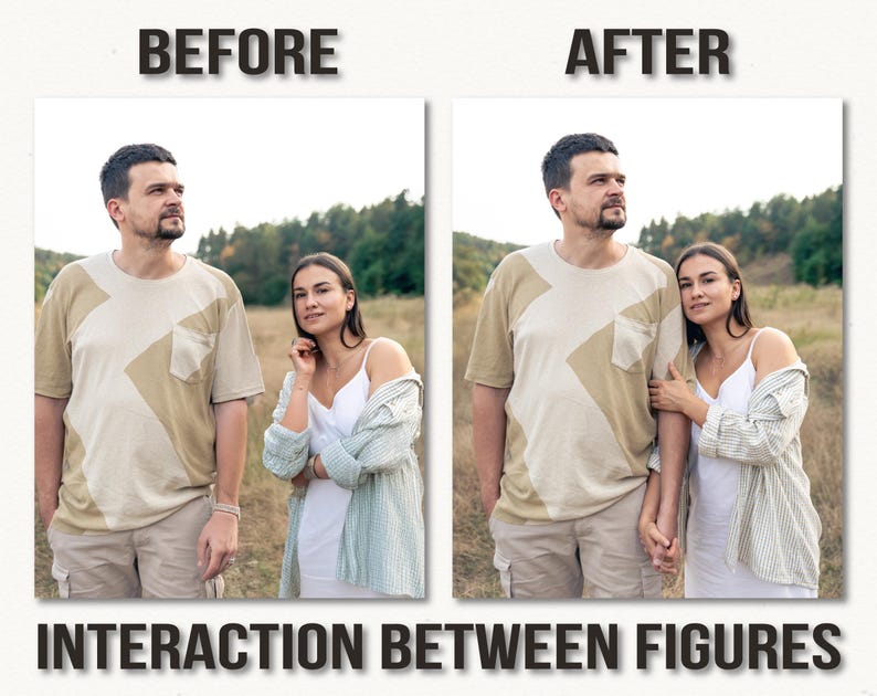 May include: A split image shows a man and woman before and after an interaction. The man wears a tan shirt with a geometric design, and the woman wears a white dress and a light blue jacket. The text "BEFORE" and "AFTER" are at the top.