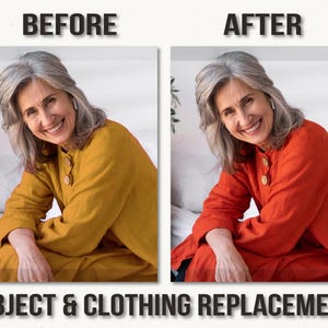 May include: Image comparison showing a woman in a mustard yellow outfit and a woman in a red outfit. The text at the top reads "BEFORE" and "AFTER". The text at the bottom reads "OBJECT & CLOTHING REPLACEMENT".