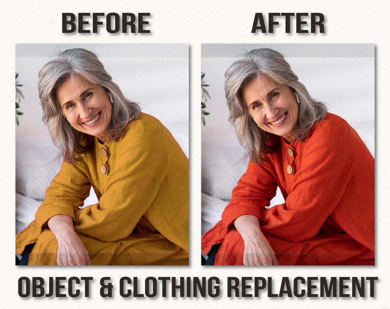 May include: Image comparison showing a woman in a mustard yellow outfit and a woman in a red outfit. The text at the top reads "BEFORE" and "AFTER". The text at the bottom reads "OBJECT & CLOTHING REPLACEMENT".