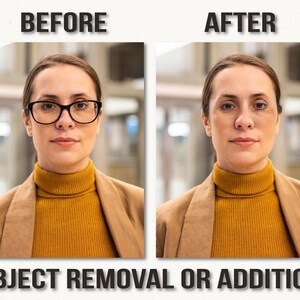 May include: Side-by-side comparison of a woman before and after object removal or addition. The "Before" image shows the woman wearing black-framed glasses. The "After" image shows the same woman without glasses. The woman is wearing a mustard yellow turtleneck and a tan blazer.