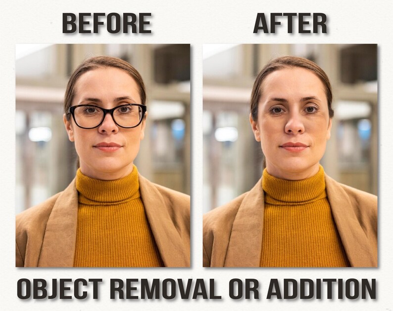 May include: Side-by-side comparison of a woman before and after object removal or addition. The "Before" image shows the woman wearing black-framed glasses. The "After" image shows the same woman without glasses. The woman is wearing a mustard yellow turtleneck and a tan blazer.