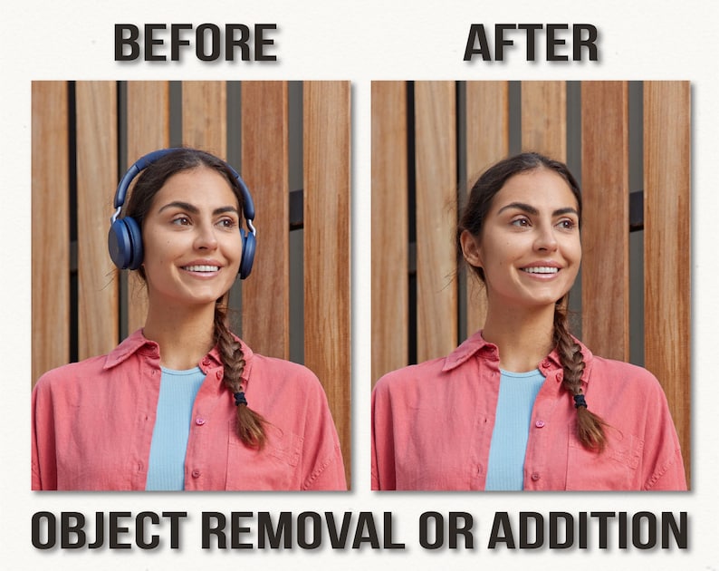 May include: Image comparison showing a woman with and without headphones. The "Before" image shows the woman wearing blue headphones, while the "After" image shows her without them. The text "OBJECT REMOVAL OR ADDITION" is at the bottom.