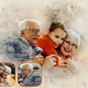 May include: A watercolor painting of three people, two older adults and a child, smiling and hugging. The child is wearing a red sweater and the adults are wearing gray sweaters.