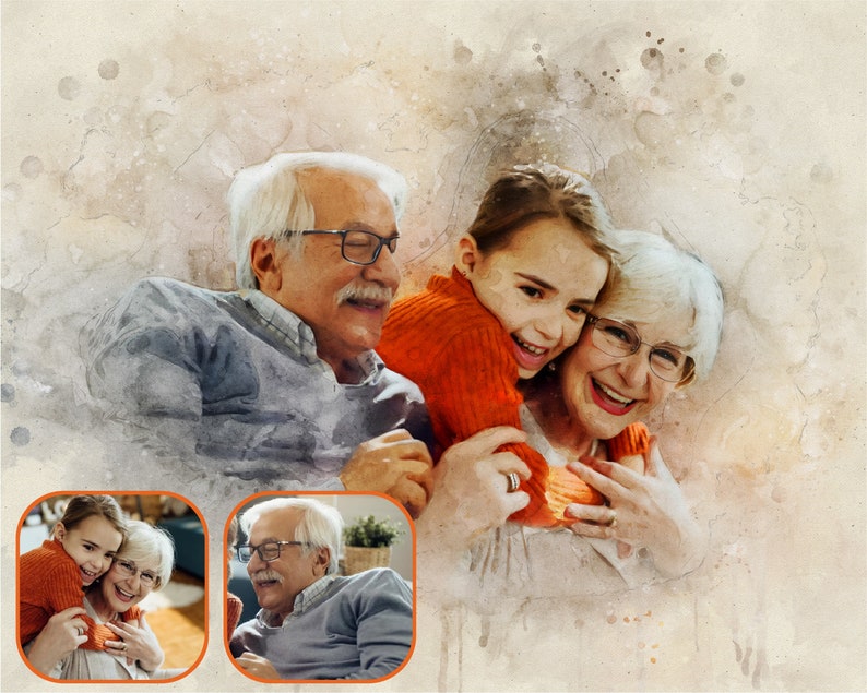 May include: A watercolor painting of three people, two older adults and a child, smiling and hugging. The child is wearing a red sweater and the adults are wearing gray sweaters.