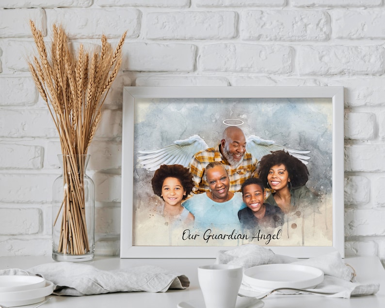May include: A watercolor painting of a family with an angel halo above the head of the father. The family is smiling and looking at the viewer. The text "Our Guardian Angel" is written below the family.
