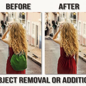 May include: Image comparison showing "BEFORE" and "AFTER" of object removal or addition. The "BEFORE" image shows a person in a red dress with a green bag. The "AFTER" image shows the same person without the bag. The text "OBJECT REMOVAL OR ADDITION" is below.