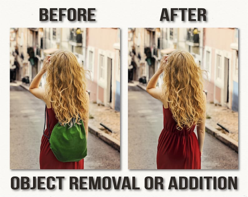 May include: Image comparison showing "BEFORE" and "AFTER" of object removal or addition. The "BEFORE" image shows a person in a red dress with a green bag. The "AFTER" image shows the same person without the bag. The text "OBJECT REMOVAL OR ADDITION" is below.