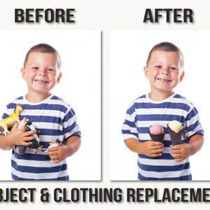 May include: A side-by-side comparison shows a child in a blue and white striped shirt. The "Before" image shows the child holding toy animals. The "After" image shows the child holding two ice cream cones. The text "BEFORE", "AFTER", and "OBJECT & CLOTHING REPLACEMENT" is displayed.