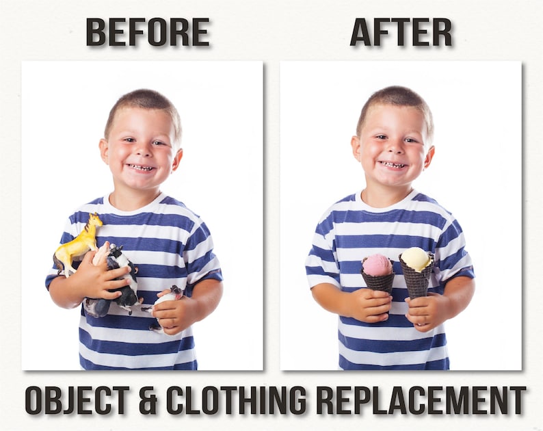 May include: A side-by-side comparison shows a child in a blue and white striped shirt. The "Before" image shows the child holding toy animals. The "After" image shows the child holding two ice cream cones. The text "BEFORE", "AFTER", and "OBJECT & CLOTHING REPLACEMENT" is displayed.